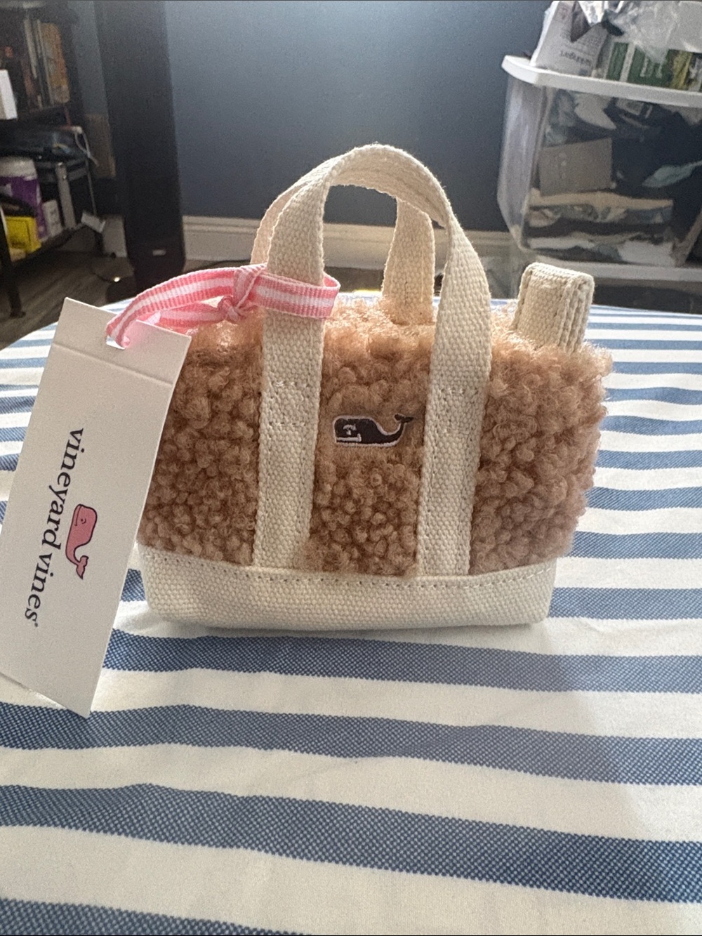 Vineyard Vines Tan Sherpa Mini Charm Tote with Natural Canvas Trim